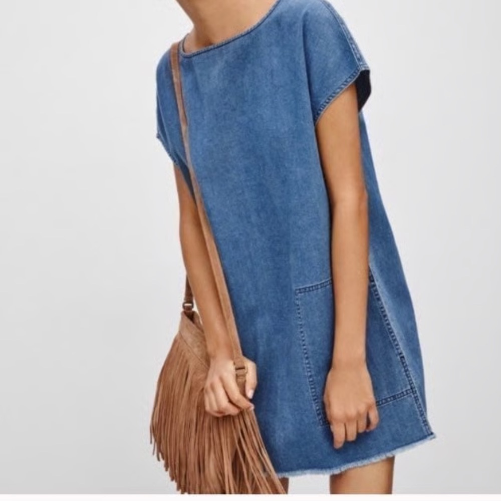 WILFRED FREE dark blue denim jean shift dress tunic pockets western Aritzia - Picture 2 of 8